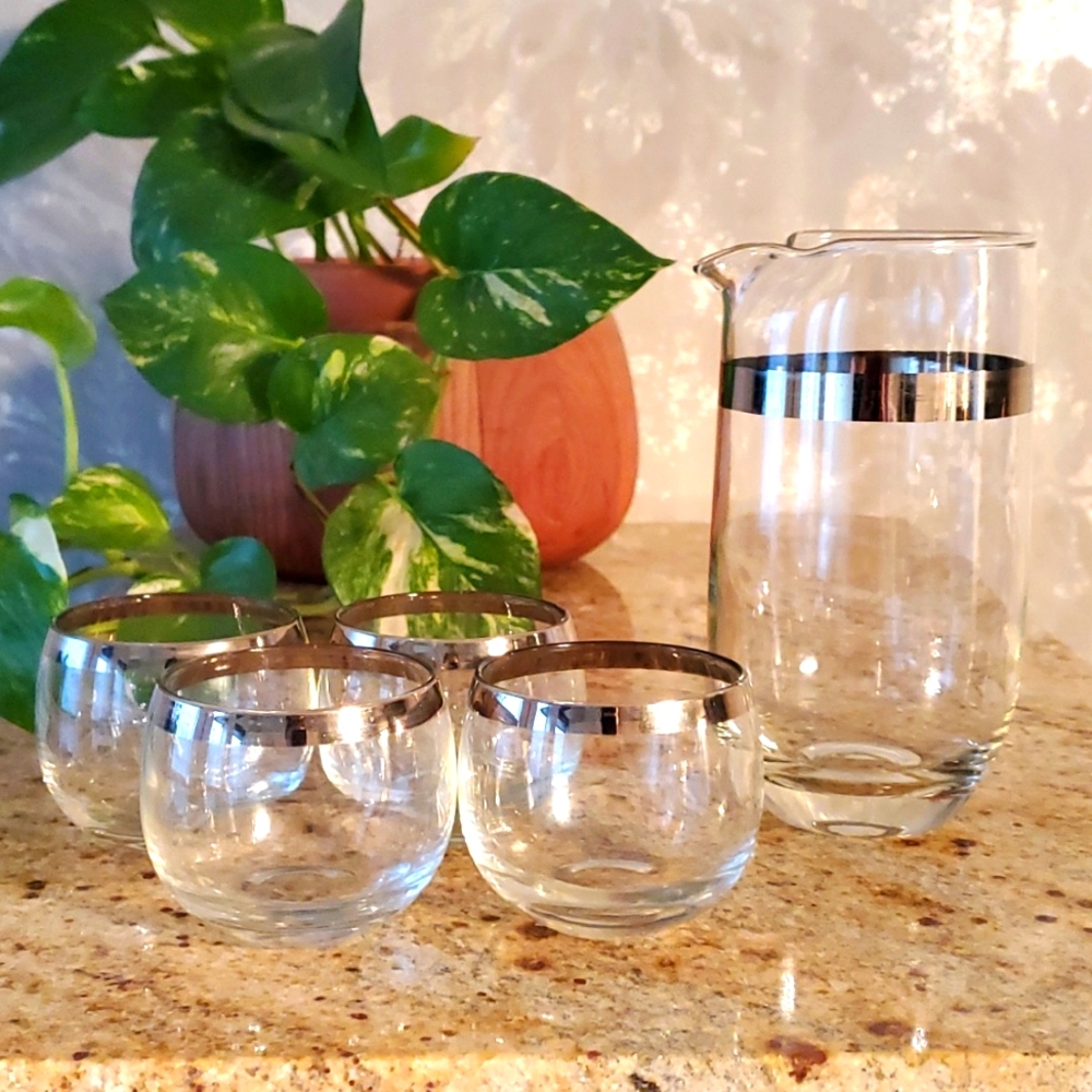 Mid-century modern cocktail pitcher and roly poly glasses